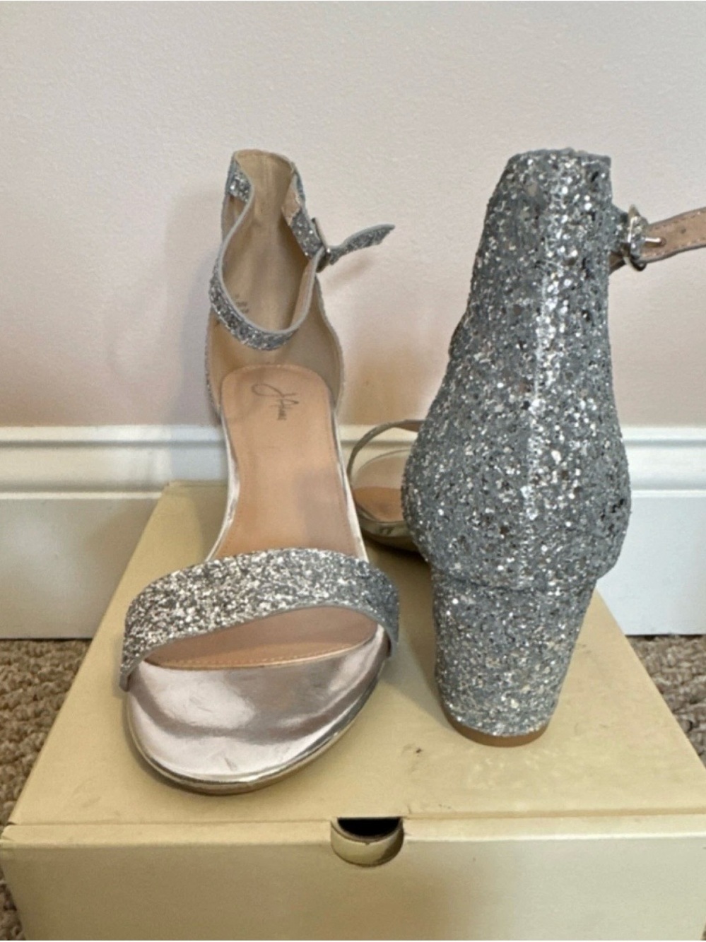 Silver Glitter Ankle-Strap Block Heel Sandals